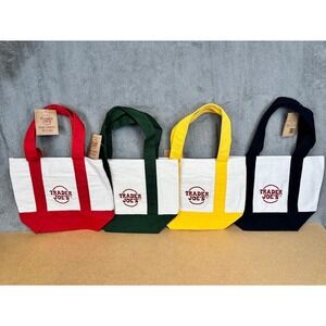 Trader Joe's Mini Canvas Tote Bag Set of 4 Red Green Yellow Navy Blue NEW‎